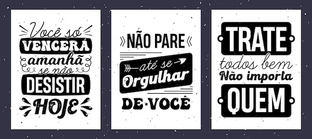 Vetor três cartazes inspiradores em estilo vintage português brasileiro