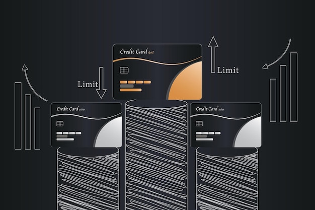 Vetor três cartões de crédito estão empilhados um em cima do outro no pódio