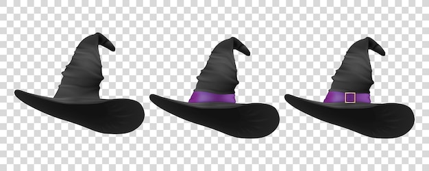 Vetor três chapéus pretos vetor 3d realista dos desenhos animados de halloween bruxa chapéu conjunto de ícones closeup isolado vista frontal modelo de chapéu de bruxas férias de outono conceito de halloween