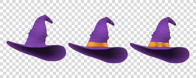 Vetor três chapéus roxos vetor 3d realista dos desenhos animados halloween bruxa chapéu conjunto de ícones closeup isolado vista frontal modelo de chapéu de bruxas férias de outono conceito de halloween