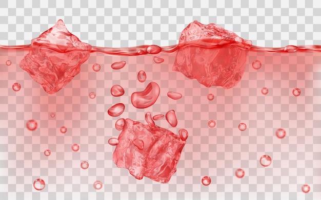 Três cubos de gelo vermelho translúcido e muitas bolhas de ar flutuando na água em fundo transparente. Transparência apenas em formato vetorial