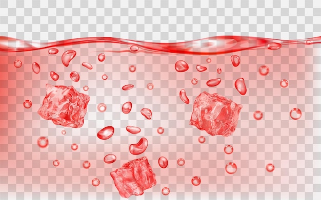 Três cubos de gelo vermelho translúcido e muitas bolhas de ar sob a superfície da água em fundo transparente