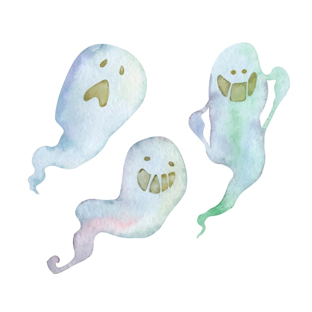 Três encantadores fantasmas do dia das bruxas definiram clipart vetorial desenhado à mão em aquarela isolado em branco