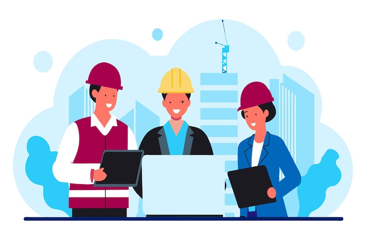 Vetor três engenheiros com capacetes e laptops discutindo um projeto