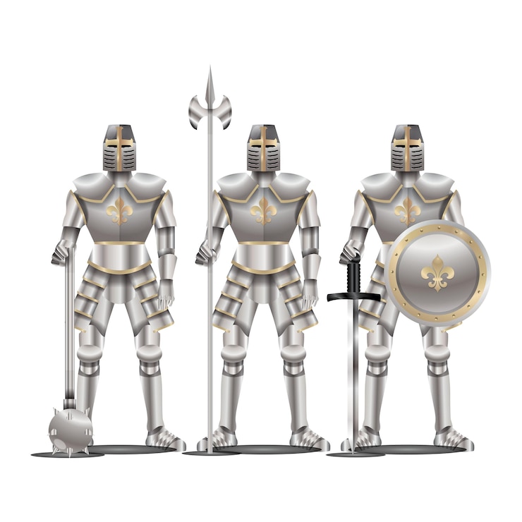Vetor três estátuas de cavaleiros de prata com uma espada e um escudo
