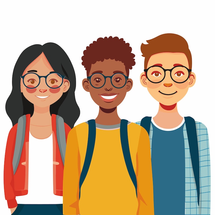 Vetor três estudantes diversos sorrindo usando óculos mochilas grupo multicultural amigável jovem