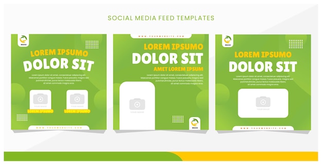 Três folhetos verdes para um modelo de feed de mídia social