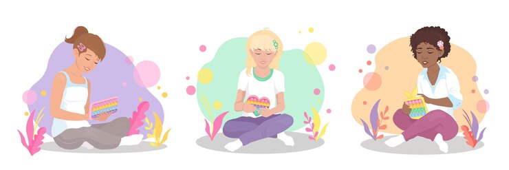 Vetor três garotas estão sentadas e brincando com um brinquedo pop-it conceito de lazer e entretenimento para crianças ilustração gráfica vetorial