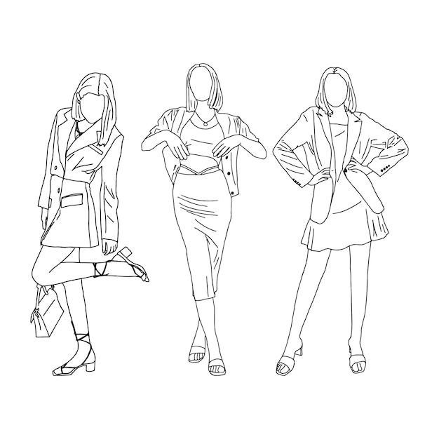 Três garotas posando lindamente. Estilo linear. Ilustração vetorial.