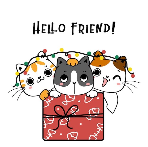 Três gatinhos fofos gato amigo grupo na caixa de presente desenho animado esboço de doodle desenhado à mão natal e presente de ano novo