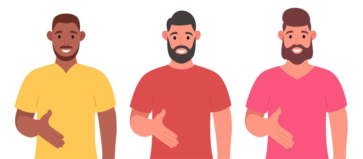 Vetor três homens barbudos diferentes dando aperto de mão pose e sorrindo com um gesto de boas-vindas. conjunto de caracteres. ilustração vetorial.