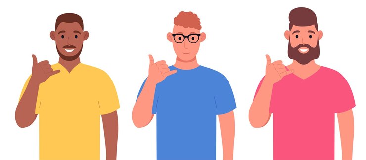 Vetor três homens diferentes mostram o gesto de telefone ou me chamam de gesto com os dedos da mão em forma de telefone. conjunto de caracteres. ilustração vetorial.