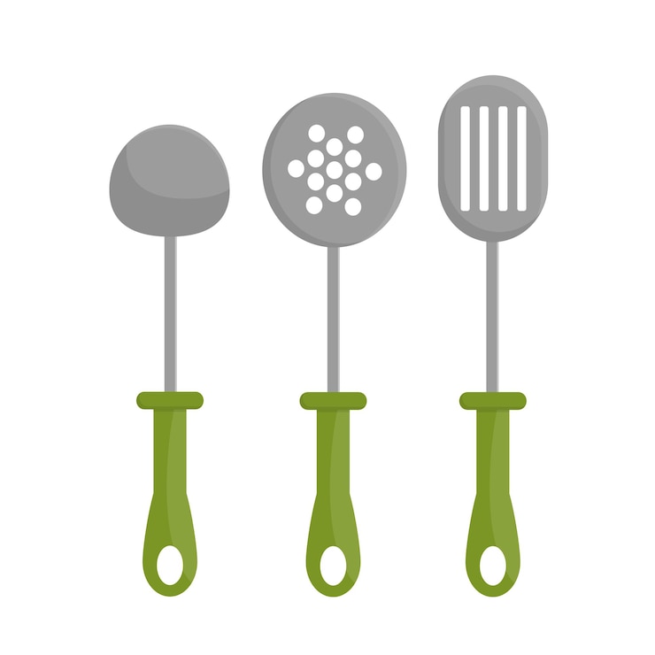 Vetor três ilustração vetorial com colher de espátula de cozinha de concha de sopa com furos