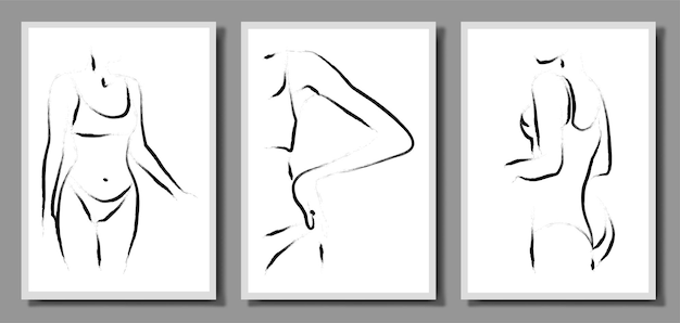 Três ilustrações Conjunto vetorial de ilustrações de um belo corpo feminino