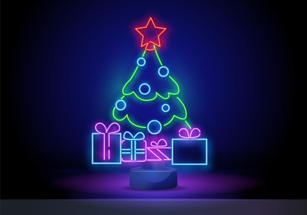 Vetor três ilustrações de natal em estilo neon. três sinais de férias com presentes, sino de natal e vela de férias com azevinho. ilustração vetorial.