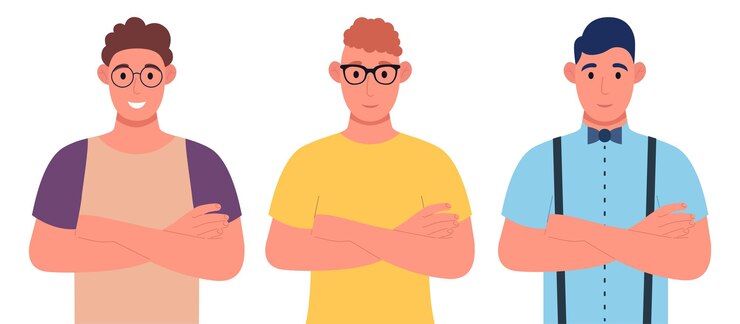 Vetor três jovens de diferentes nacionalidades de braços cruzados. conjunto de caracteres. ilustração vetorial no estilo cartoon.