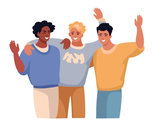 Três jovens de diferentes nações abraçam-se alegram-se são amigos