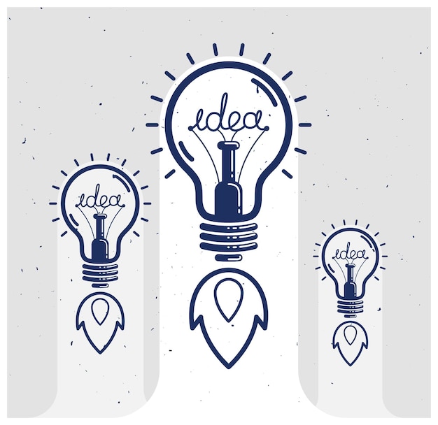Três lâmpadas de ideia lançando como um logotipo ou pôster linear de vetor de foguetes, inicialização de ideia criativa, invenção científica ou lâmpada de pesquisa, início de novos negócios.