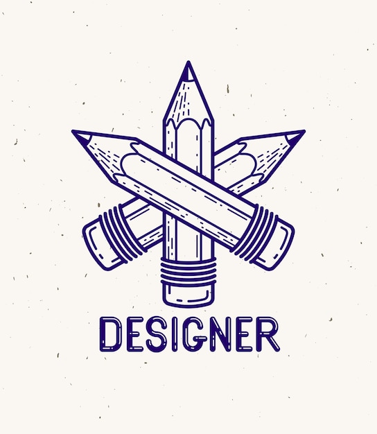 Vetor três lápis cruzados vetor logotipo ou ícone simples da moda para designer ou estúdio, competição criativa, equipe de designers, estilo linear.