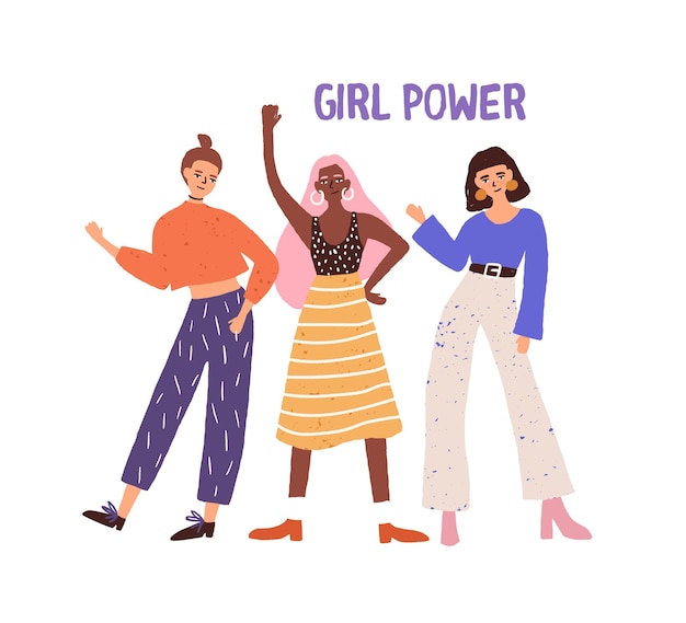 Três mão desenhada diversa mulher acenando a mão em pé juntos ilustração vetorial plana. grupo de amigas demonstra feminismo e poder feminino isolado em branco. independência e igualdade de gênero.