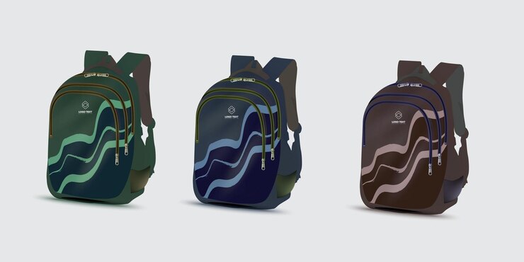Vetor três mochilas de cores diferentes com cores e formas diferentes