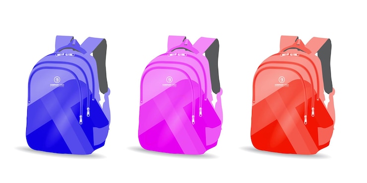 Vetor três mochilas de cores diferentes com cores e formas diferentes