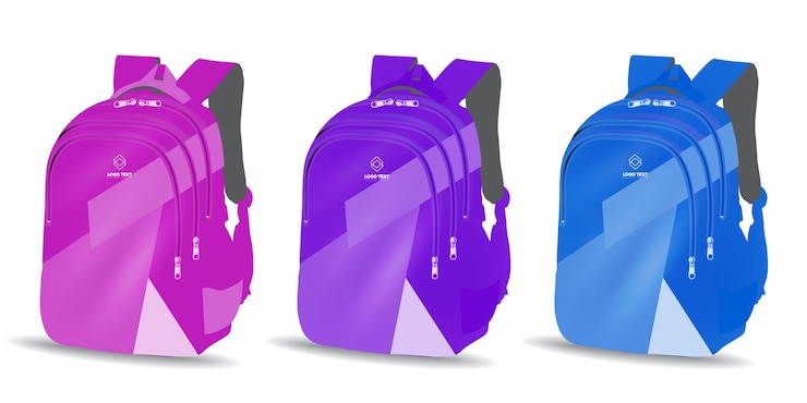 Vetor três mochilas de cores diferentes com cores roxas e cor-de-rosa