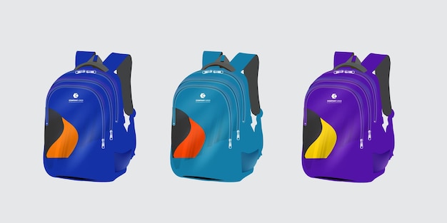 três mochilas de cores diferentes com uma azul e uma roxa
