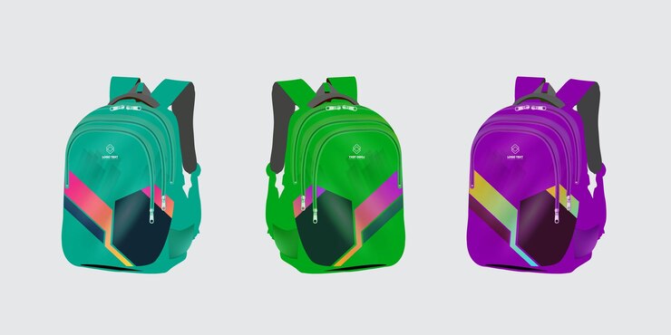 Vetor três mochilas são mostradas com uma que tem um saco roxo