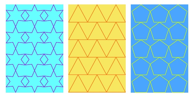 Três modelos com padrões geométricos de triângulo estrela e contornos de polígonos