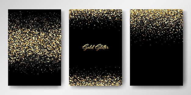 Vetor três modelos de design de convite de glitter dourados folhetos de convites de cartões de férias