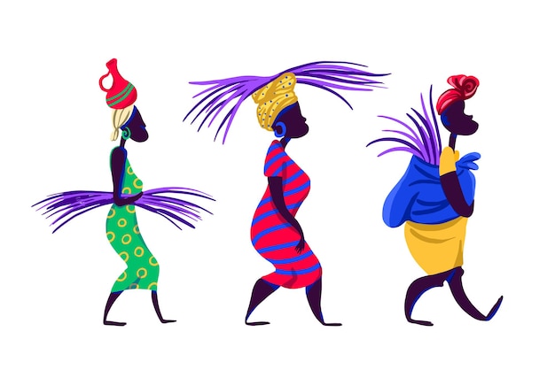 Três mulheres africanas em trajes nacionais carregam folhas