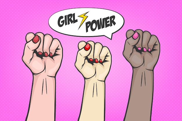 três mulheres levantadas em punho em estilo de quadrinhos pop art símbolo unidade ou solidariedade com op