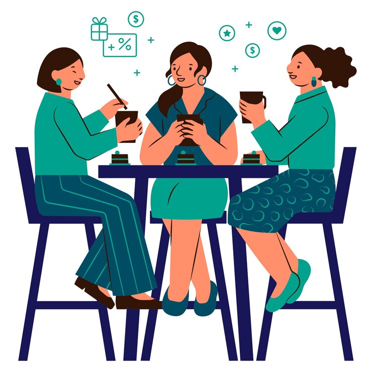 Vetor três mulheres vestidos de azul café reunião bebidas sobremesa