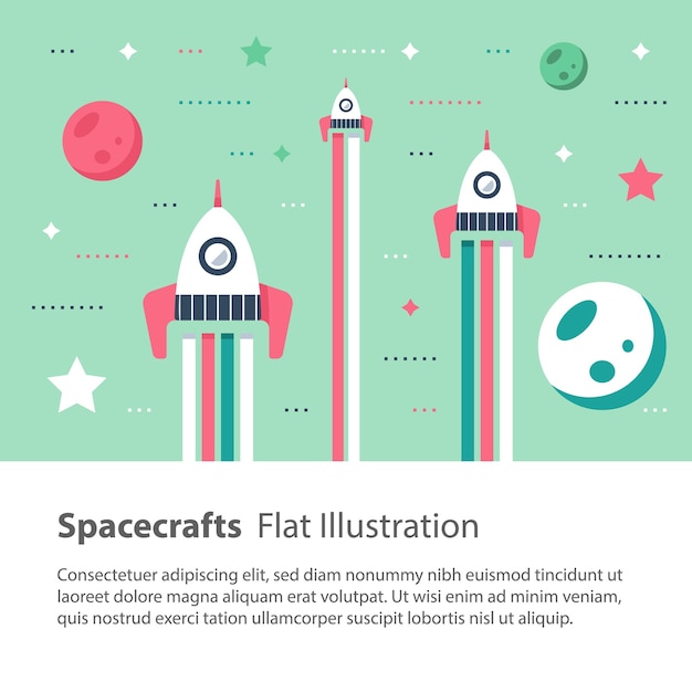 Três naves espaciais voando no espaço entre estrelas e planetas, corrida espacial, ilustração infantil