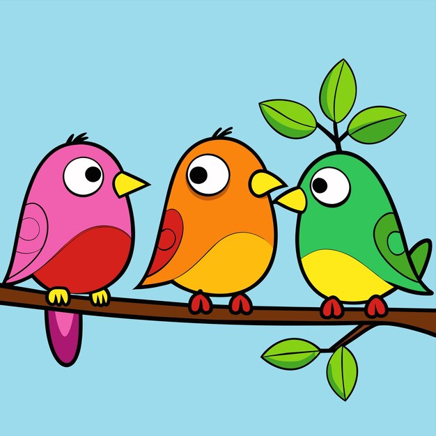 Vetor três pássaros coloridos em um ramo com um com o outro olhando para a câmera