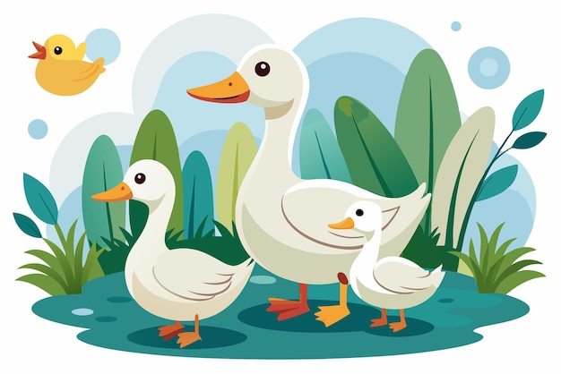 Três patos e um patinho amarelo num lago verde exuberante