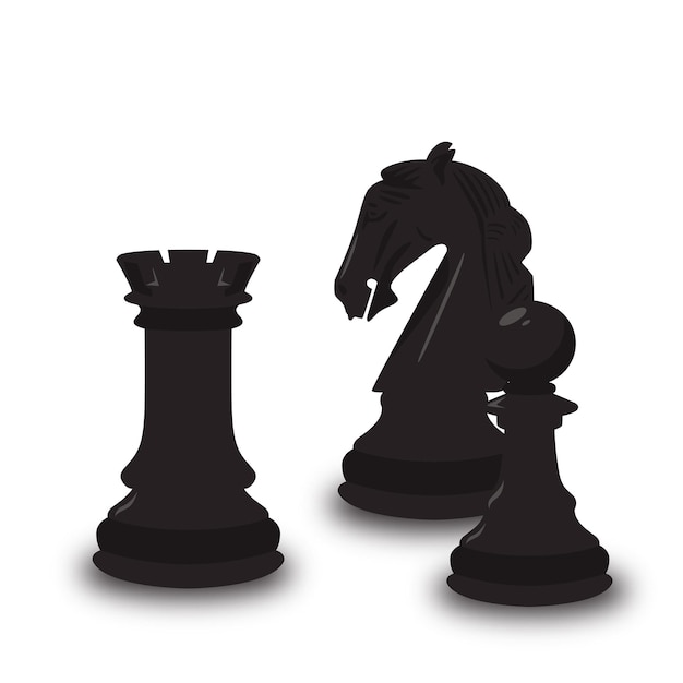 Vetor três peças de xadrez pretas isoladas em um fundo branco