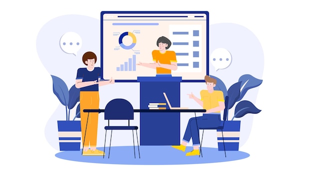 Três pessoas em uma equipe de negócios estão tendo uma reunião discutindo sobre o aumento de negócios com gráficos e gráficos no escritório