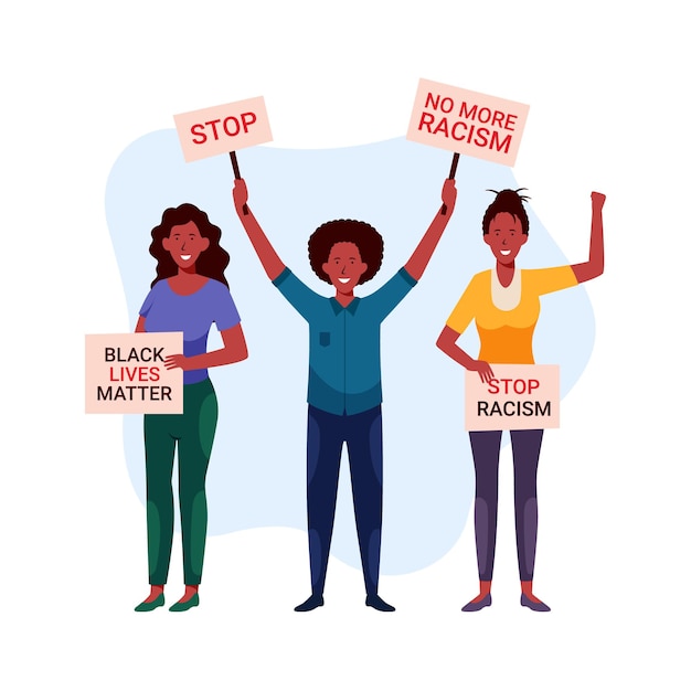 Vetor três pessoas segurando cartazes que dizem pare e racismo negro