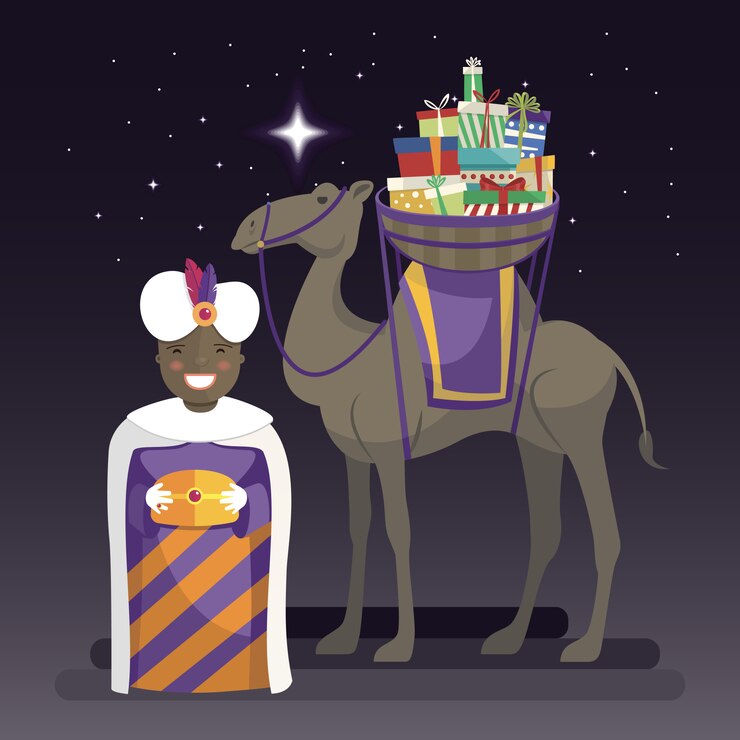 Vetor três reis dia com o rei balthazar, camelo e presentes à noite