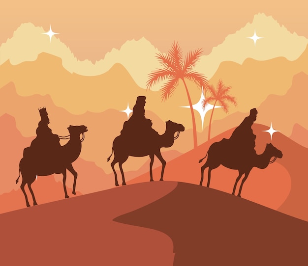 Três Reis Magos da Natividade no deserto em um design de fundo laranja, tema de Feliz Natal