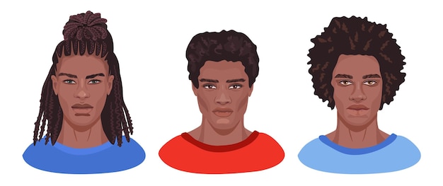 Vetor três retratos masculinos isolados no fundo branco. avatares de homens africanos com penteados diferentes.