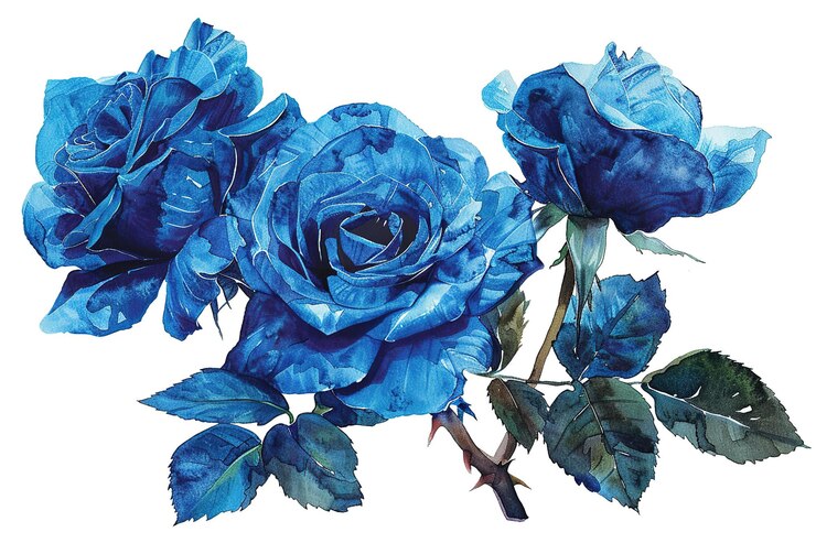Vetor três rosas azuis com folhas verdes e pintura azul no estilo de sombreamento intenso azul claro e lig