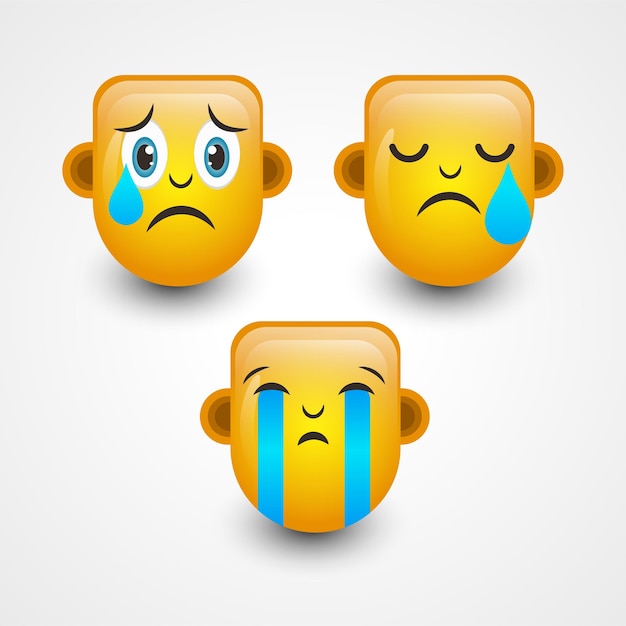 Vetor três rosto triste de emoticon bonito isolado no fundo branco