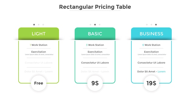 Vetor três tabelas de preços retangulares ou cartões com lista de opções incluídas. planos de assinatura leves, básicos e empresariais à escolha. modelo de design moderno infográfico. ilustração vetorial para website.