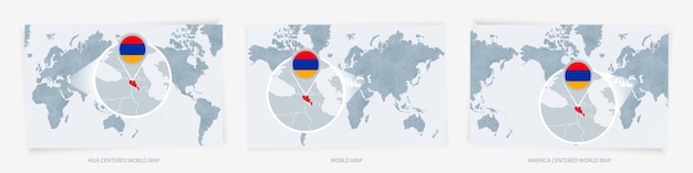 Vetor três versões do mapa do mundo com o mapa ampliado da armênia com a bandeira