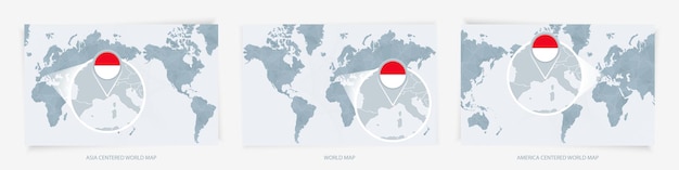 Vetor três versões do mapa do mundo com o mapa ampliado de mônaco com a bandeira
