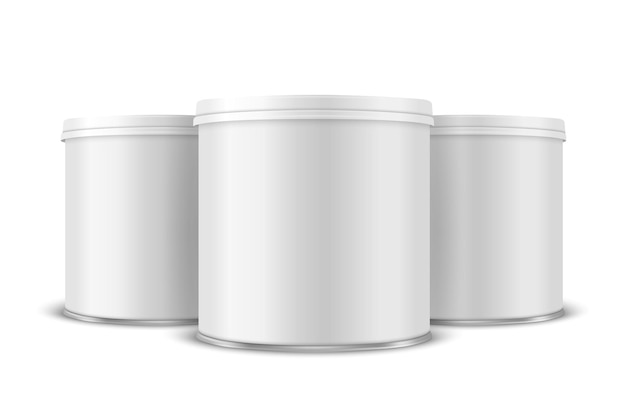 Três vetor 3d realista em branco branco preto metal lata com tampa alimentos enlatados batatas fritas conjunto de embalagem isolado no fundo branco tamanho pequeno modelo de design maquete vista frontal
