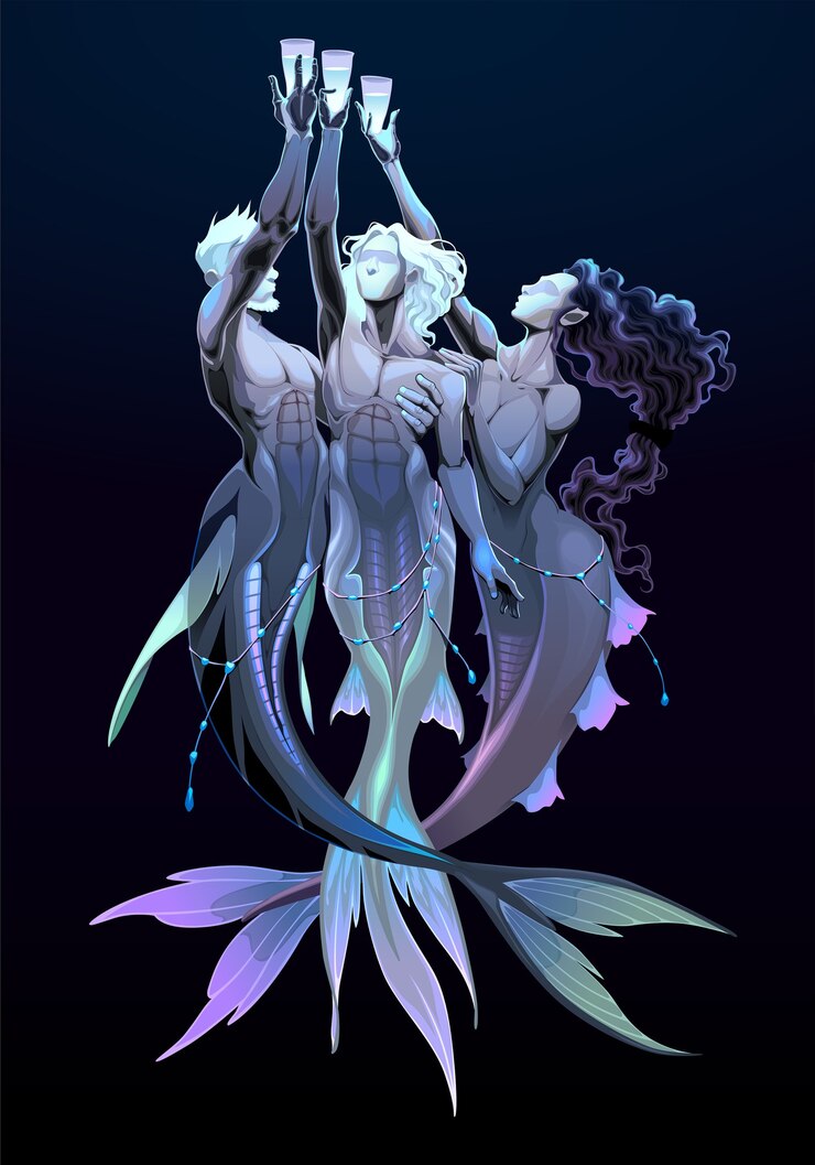 Vetor três xícaras, carta de tarô. ilustração de fantasia de grupo de sereias